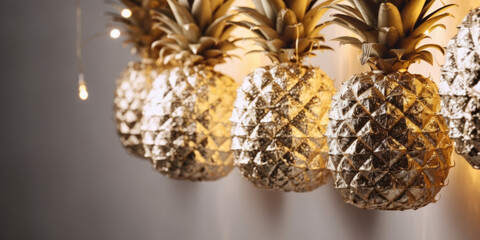 Golden Pineapples Hanging on a Gray Background. Gold Christmas Decorations. Beautiful Background for Birthday, Christmas and New Year Greeting Сard, Postcard, Invitation, Banner Design