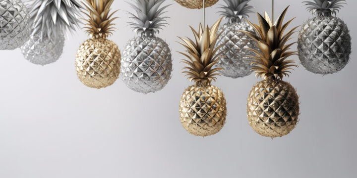 Golden and Silver Pineapples hanging on a white background. Beautiful background for greeting card for Birthday, Party, Holiday, Christmas - Powered by Adobe