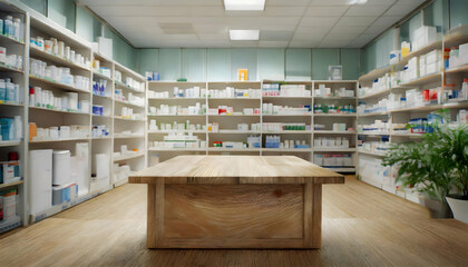 Obraz premium a modern and sleek image of a drugstore interior, with an empty wooden table counter in the foreground and shelves stocked with medicines in the blurred background. The composition captures the cleanl