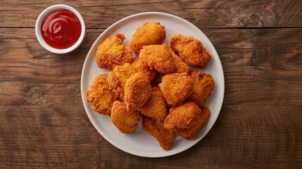 Overhead shot of chicken nugget wings arranged on a plate, with ample copy space on the table for text. Tempting junk food