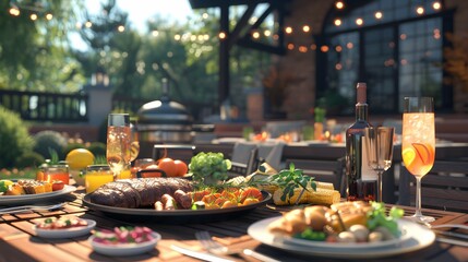 Fototapeta premium Sumptuous 3D-Rendered BBQ Feast on Stylish Patio with Grilled Meats, Sides, and Beverages