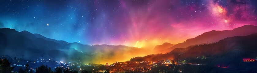 Stunning panoramic view of a night sky with colorful northern lights over a serene mountain landscape and illuminated town below.