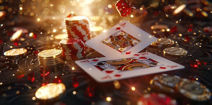 3D poker cards and casino chips on the table scattered with dice