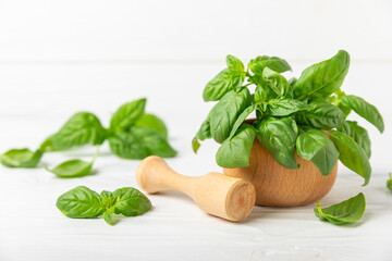 Fresh green basil in a mortar on a textured wooden background. Organic spices and herbs. Vegan. Fresh kitchen herbs. Fresh basil being made into pesto with mortar and pestle.Copy space. Place for text