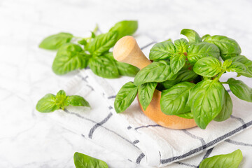 Fresh green basil in a mortar on a textured wooden background. Organic spices and herbs. Vegan. Fresh kitchen herbs. Fresh basil being made into pesto with mortar and pestle.Copy space. Place for text