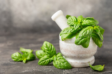 Fresh green basil in a mortar on a textured wooden background. Organic spices and herbs. Vegan. Fresh kitchen herbs. Fresh basil being made into pesto with mortar and pestle.Copy space. Place for text