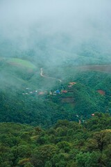 Fototapeta premium A mountain range covered in lush green trees and a foggy sky