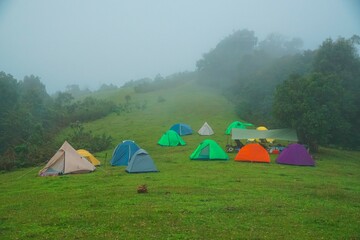 A group of colorful tents are set up in a grassy field