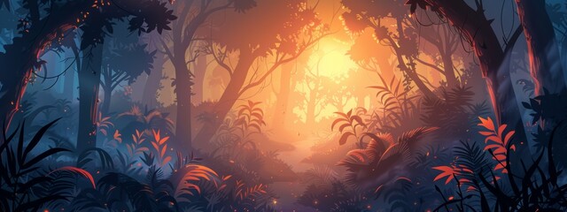 Obraz premium Illustration a forest bathed in the light of a setting sun, with ethereal mist and glowing plants.