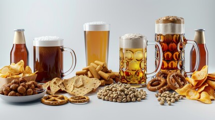 A table with a variety of snacks and drinks, including chips, pretzels, and beer