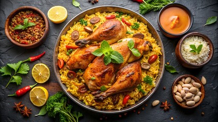 Delicious chicken biryani dish surrounded by spices and ingredients on dark background