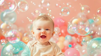 Baby's joyful face with bubble play, baby growth, sensory experience
