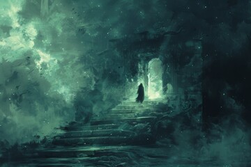 Obraz premium A Figure Standing Before a Glowing Portal