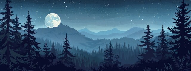 Illustration night  pine forest 
