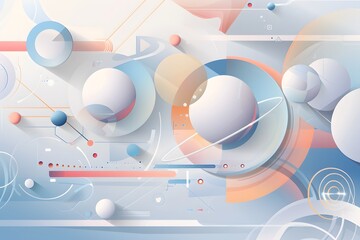 Obraz premium Geometric composition with spheres and lines in pastel blue, orange, and white tones