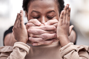 Face, woman and criminal hand on mouth for silence with abuse, domestic violence and force with...