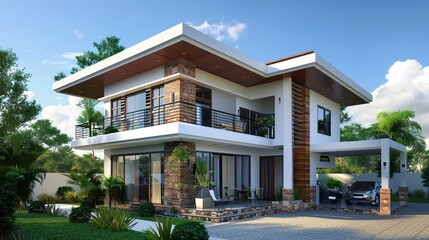 Contemporary two story house with angular roof and balcony 