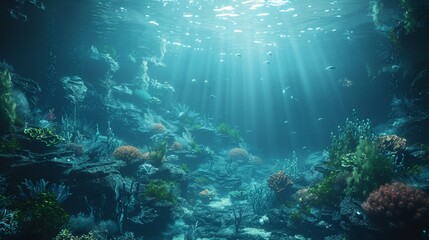 Naklejka premium Mystical Alien Ocean: Glowing Sea Creatures, Underwater Flora, and Distant City on the Sea Bed