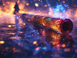 Colorful Tube Reflecting Light and Sparks CloseUp
