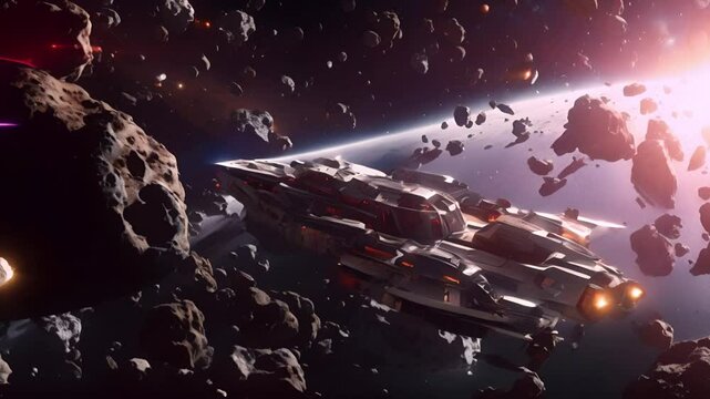 Spacecraft Navigating Through Asteroid Field