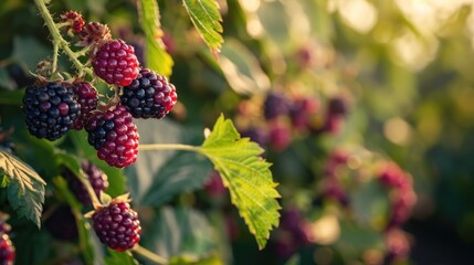 Macro photography of ripe blackberries growing on a bush in a farm