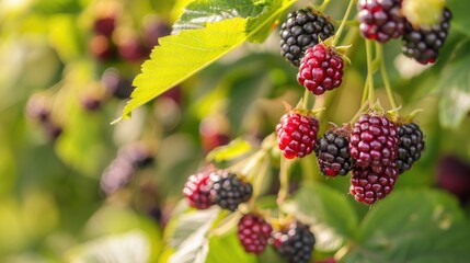 Macro photography of ripe blackberries growing on a bush in a farm