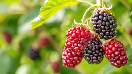 Macro photography of ripe blackberries growing on a bush in a farm