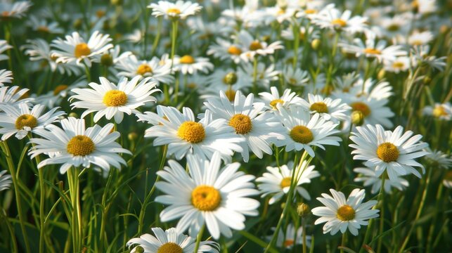 Many white daisies in lush summer meadow up close