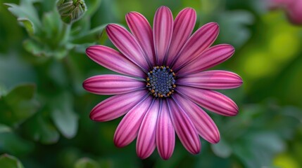 Obraz premium Macro shot of a large daisy with pink and purple petals on a green backdrop on a sunny summer day