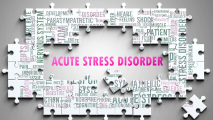 Acute Stress Disorder as a complex subject, related to important topics. Pictured as a puzzle surrounded by most important ideas and phrases related to acute stress disorder. ,3d illustration