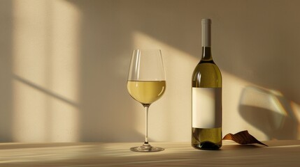 A bottle of white wine is on a table next to a wine glass