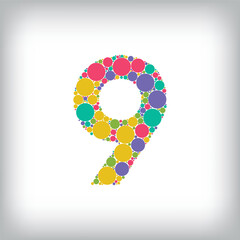 Number 9 made of creative colored dots or filled with circles. Creative fonts with unique Numbers and symbols. Vector illustration.