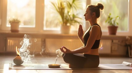 Woman meditating on a yoga mat with incense burning beside her