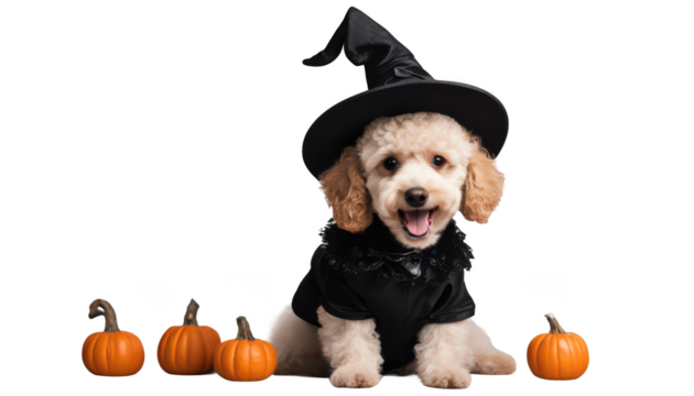 Poodle puppy smile dog in a witch costume with pumpkins isolate on transparent background, cutout, png 