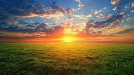 Fototapeta premium Magnificent sunset over vast green field