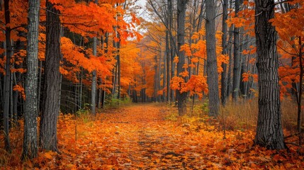 Fototapeta premium Maple trees in autumn create a natural backdrop with orange fall leaves