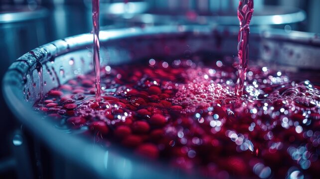 Close-up of red grapes being processed in a winery, highlighting the vibrant colors and details of the winemaking process.