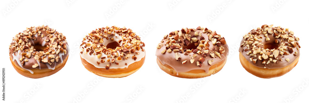 Wall mural Delicious Donut Set With Chocolate Glaze And Nut Toppings On Isolated Background