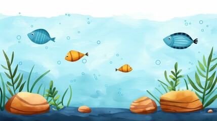 Naklejka premium Vibrant watercolor illustration of fish swimming in the serene underwater world of nature.