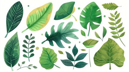 Vibrant watercolor vector set with tropical leaves, plants, and palms on a white background.