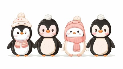 Fototapeta premium Playful watercolor illustration of birds and penguins in vibrant attire, adding a whimsical touch to any design.