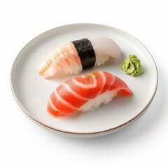 A delicate plate of nigiri sushi with wasabi, Japanese cuisine, realistic, isolated on white background