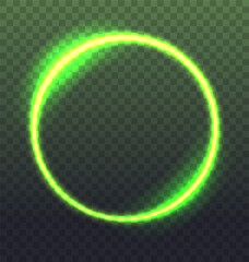 Round green neon frame on transparent background. Blank glowing ring vector illustration