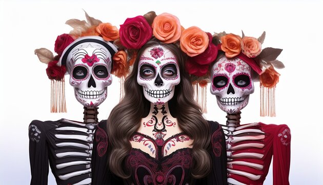 D&iacute;a de los Muertos (Tag der Toten) Sammlung von Skeletten und Zuckersch&auml;deln, lustige Catrinas-Frauen, isoliert auf wei&szlig;em Hintergrund, Halloween-Dekoration, mexikanischer traditioneller Feiertag
