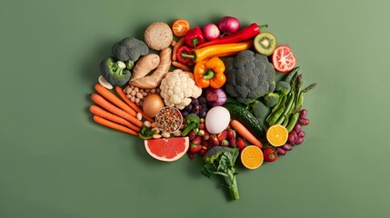 Artistic depiction of a brain made from various nutritious foods, symbolizing the concept of brain health through diet, vibrant and detailed, green background