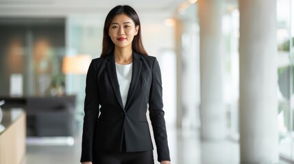 Fototapeta premium Confident young Asian businesswoman in a sleek black suit, standing in an elegant office, bright and focused, professional setting