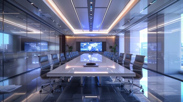 A high-tech conference room with a large interactive touch screen, sleek table, and comfortable chairs. The room is equipped with advanced audio-visual equipment for seamless meetings.