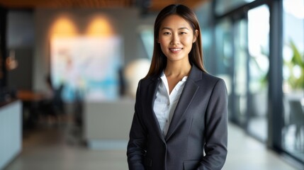 Elegant young Asian businesswoman in a tailored suit, exuding confidence and professionalism, standing in a modern office, vibrant and clear