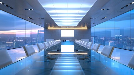 Fototapeta premium A modern conference room with a long glass table, sleek chairs, and a large digital screen. The room features minimalist decor and advanced technology for seamless meetings.