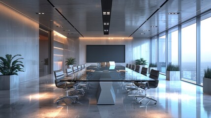 A modern conference room with a long glass table, sleek chairs, and a large digital screen. The room features minimalist decor and advanced technology for seamless meetings.